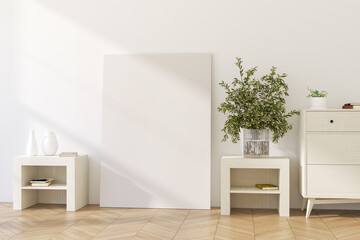 3D Render of Vertical Frameless Canvas on Light Wall in Modern Interior