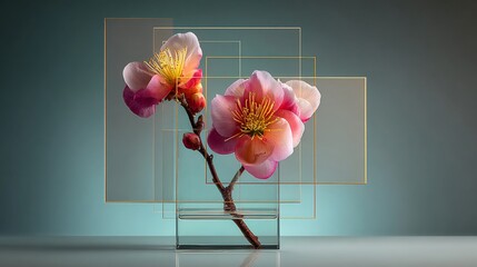 Elegant floral arrangement with translucent geometric shapes and soft lighting.
