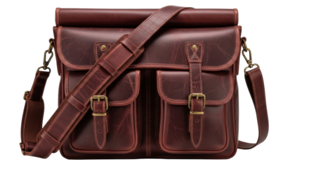 Isolated Brown Leather Messenger Bag with Strap, Casual Travel Bag, Shoulder Bag Style