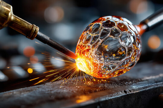 Glassblowing Closeup Molten Glass and Torch Sparks