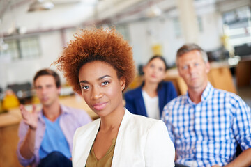Woman, meeting and portrait of business people in office for seminar, workshop and feedback. Startup, team and audience of workers for training, convention and conference for skills development