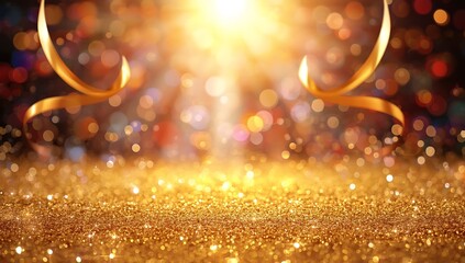 Golden glitter background with ribbons for celebration and festive events design