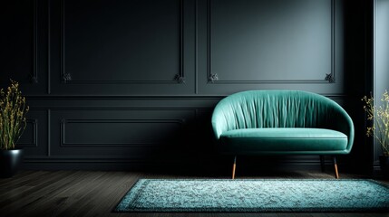 Elegant Teal Velvet Sofa in a Dark Room with Wooden Floor and Rug.