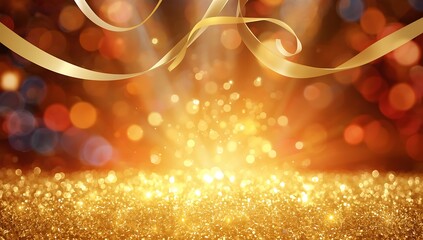 Gold glitter background with bokeh lights and ribbons for christmas and new year