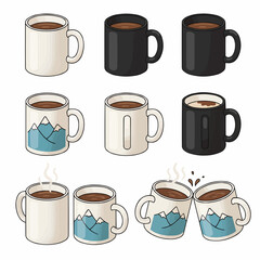 Collection of Coffee Mugs and Cups with Various Designs Flat Vector Illustration Set