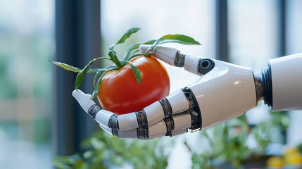 Robot Hand Gently Holding a Freshly Picked Tomato with Vibrant Green Leaves.