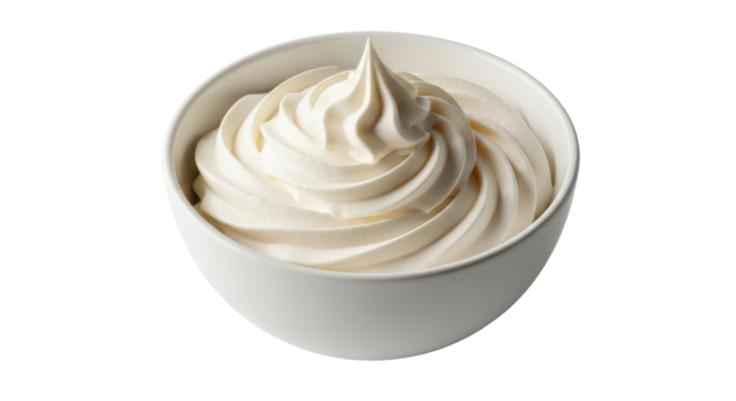 Isolated bowl of swirl whipped cream perfect for desserts, sweet toppings, & culinary treats