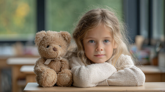 Young girl with teddy bear sitting at a desk in classroom setting
