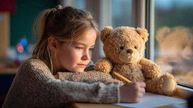 Young girl thinking while drawing with teddy bear at desk by the window  