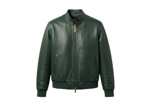 Isolated green leather jacket for men, stylish casual outerwear with zipper closure, elegant design