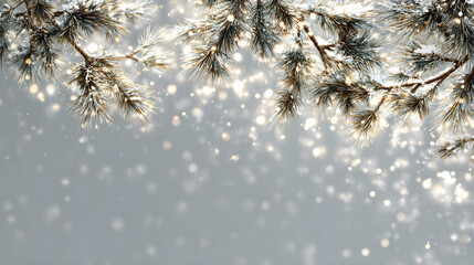 Frosted pine branch arch with shimmering snowfall effect on soft grey background, text-friendly center