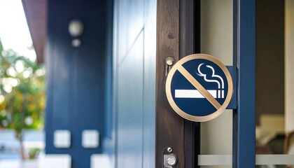 No Smoking Sign with gold trim on a blue door, symbolizing health and public safety policy at an entrance.