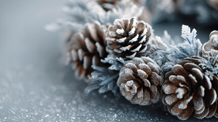 Frosted pinecone wreath shape with icy dust around light grey copy area 