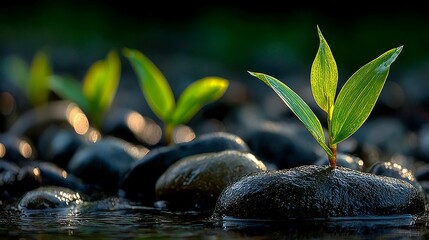 Emerging green sprouts on dark stones symbolizing growth and resilience.