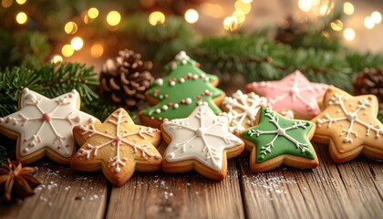 Delicious, colorful star-shaped Christmas cookies with festive icing, set on rustic wood with pine branches and twinkling fairy lights.