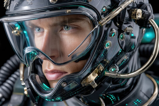 Futuristic astronaut wearing advanced helmet with high-tech features and glowing details - Powered by Adobe