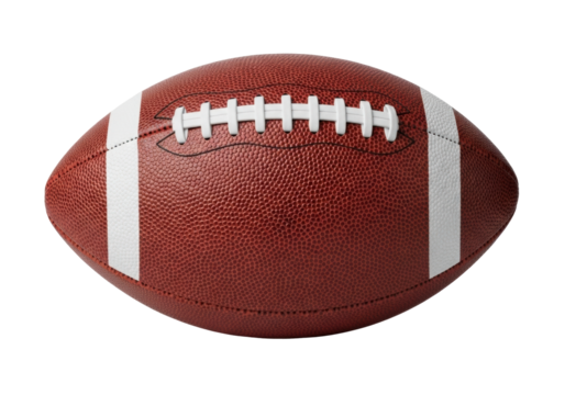 Isolated brown football, a sports equipment item with white stripes and laces for American games