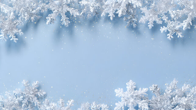 Frosted snowflake border on pastel blue background with icy shimmer and gentle illumination in center  - Powered by Adobe