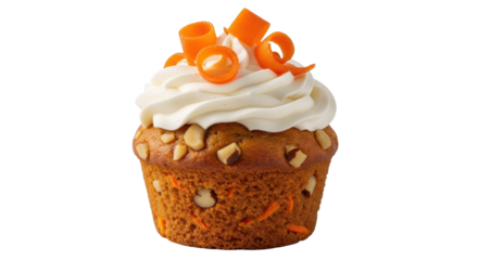 Isolated carrot cupcake with cream cheese frosting and carrot curls for dessert snack