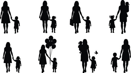 Mother walking with children silhouette collection representing family love, parenting moments, motherhood bond, childcare and lifestyle concepts for design and illustration projects