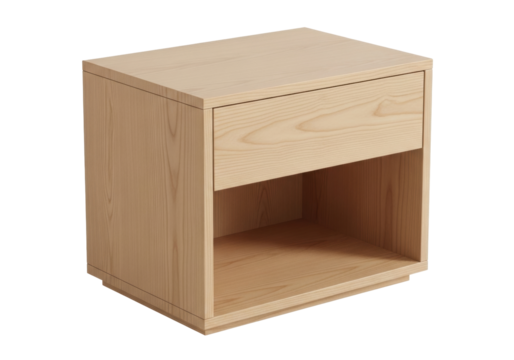 Isolated bedside table with open shelf and drawer, wood furniture, light wood, style modern