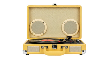 Isolated Vintage Record Player in Yellow with Sound Speakers inside Open Case, Retro Music Era
