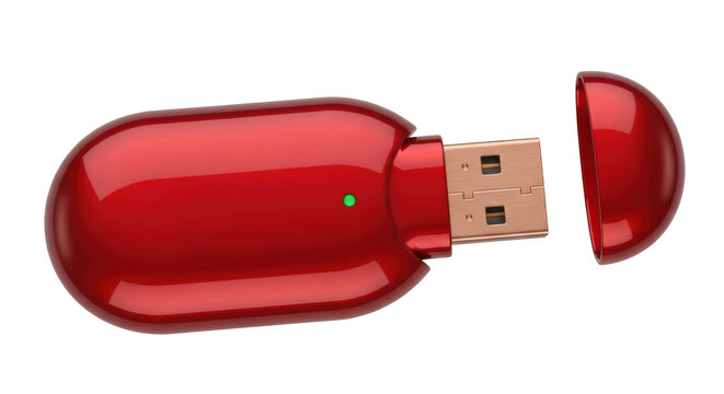 Isolated red USB flash drive, data storage accessory, open cap, for technology equipment users