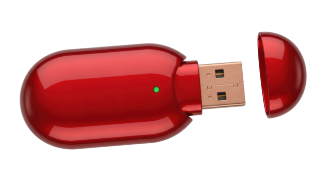 Isolated red USB flash drive, data storage accessory, open cap, for technology equipment users