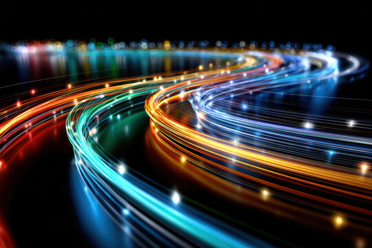 Colorful light trails streak across dark background