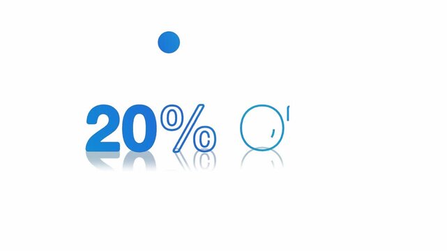 animated jumping or bouncing ball of 20% off text word lettering typography glow neon reveal, Bright letters jump in the inscription holiday theme video,motion seamless loop blue type on white bg