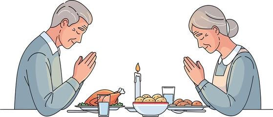 Senior couple praying at a dinner table before a holiday meal with roasted turkey and candles.