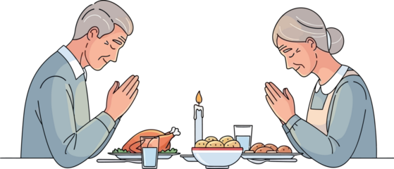 Senior couple praying at a dinner table before a holiday meal with roasted turkey and candles.