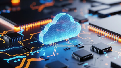 Cloud computing concept with glowing blue icon on a futuristic circuit board