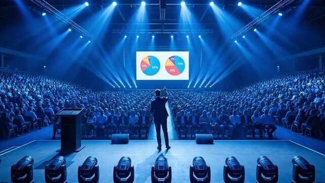 Speaker Addresses a Vast Audience at a Large-Scale Business Conference, Illuminated by Dramatic Blue Stage Lights with Data Charts