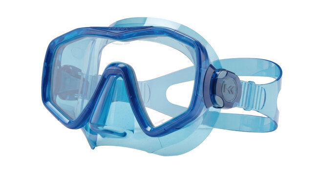 Isolated light blue swim mask, dive mask, scuba diving equipment, snorkeling gear accessory