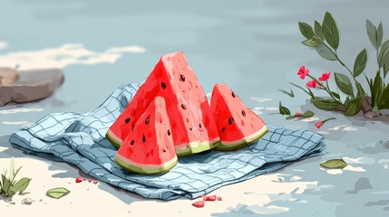 Fresh Watermelon Slices on a Blue Checkered Cloth.
