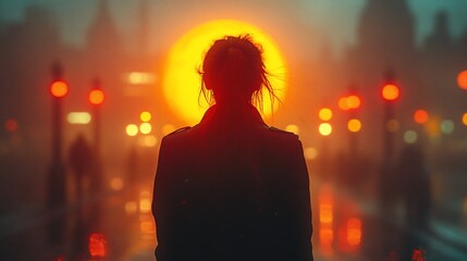 Solitude in the City Woman Silhouetted Against a Fiery Urban Sunset.