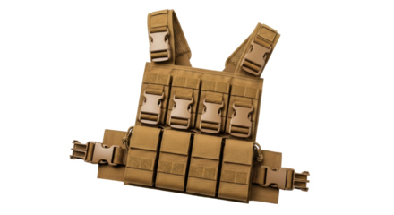 Isolated tactical chest rig with ammunition pouches, straps and buckles for military use