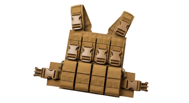 Isolated tactical chest rig with ammunition pouches, straps and buckles for military use