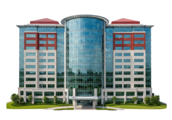 Isolated modern office building with cylindrical glass structure, commercial architecture