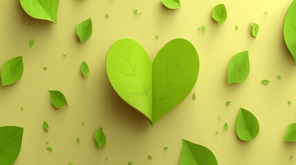 Green heart and leaves on yellow background nature concept.