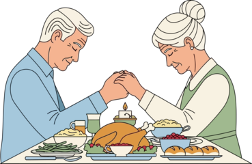 Elderly Couple Praying and Holding Hands at Thanksgiving Holiday Dinner Table