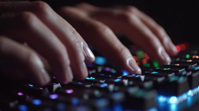 Hands keyboard typing illuminated keys remote work laptop modern employment shift skilled hands type colorful backlit keyboard dim workspace focused