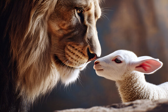 Lion and lamb encounter in a symbolic moment of peace and harmony, symbol of Judaism