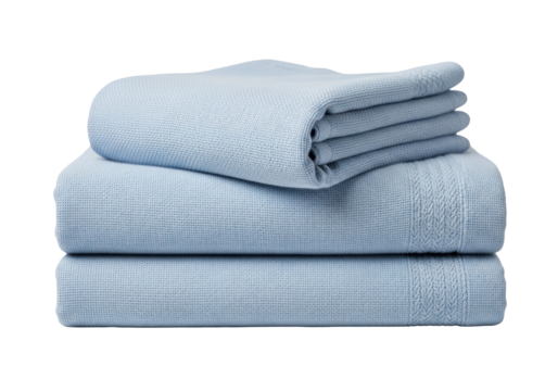 Isolated folded blue waffle weave blankets bedding for newborn baby, soft cotton fabric