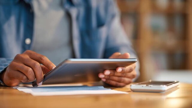 Modern employment shift remote tablet touchscreen workspace person using tablet to manage documents finances and paperwork focused warm productive