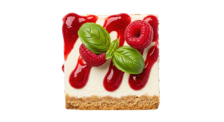 Isolated raspberry cheesecake square with syrup, basil leaves and graham cracker crust