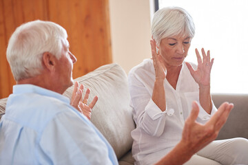 Fight, divorce and conflict with old couple on sofa for mistake, cheating crisis and toxic relationship. Marriage drama, breakup and affair with senior man and woman in living room of home for fail