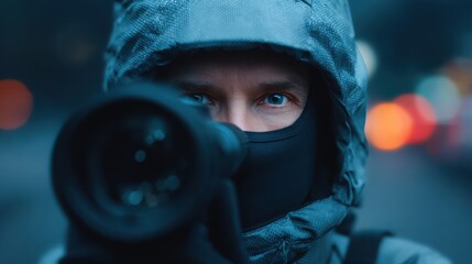 A focused individual in a hooded jacket aims a camera, capturing a scene with intense concentration in a moody, blurred urban backdrop.