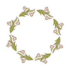 Snowdrop flower wreath in flat style. Perfect for spring card design, nature art, botanical and elegant decorative element isolated on white background.
